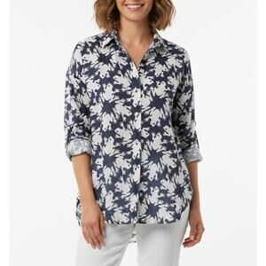 ​Lesley Evers Navy & White Frog Print Linen Blend Button-Down Shirt - Size Large